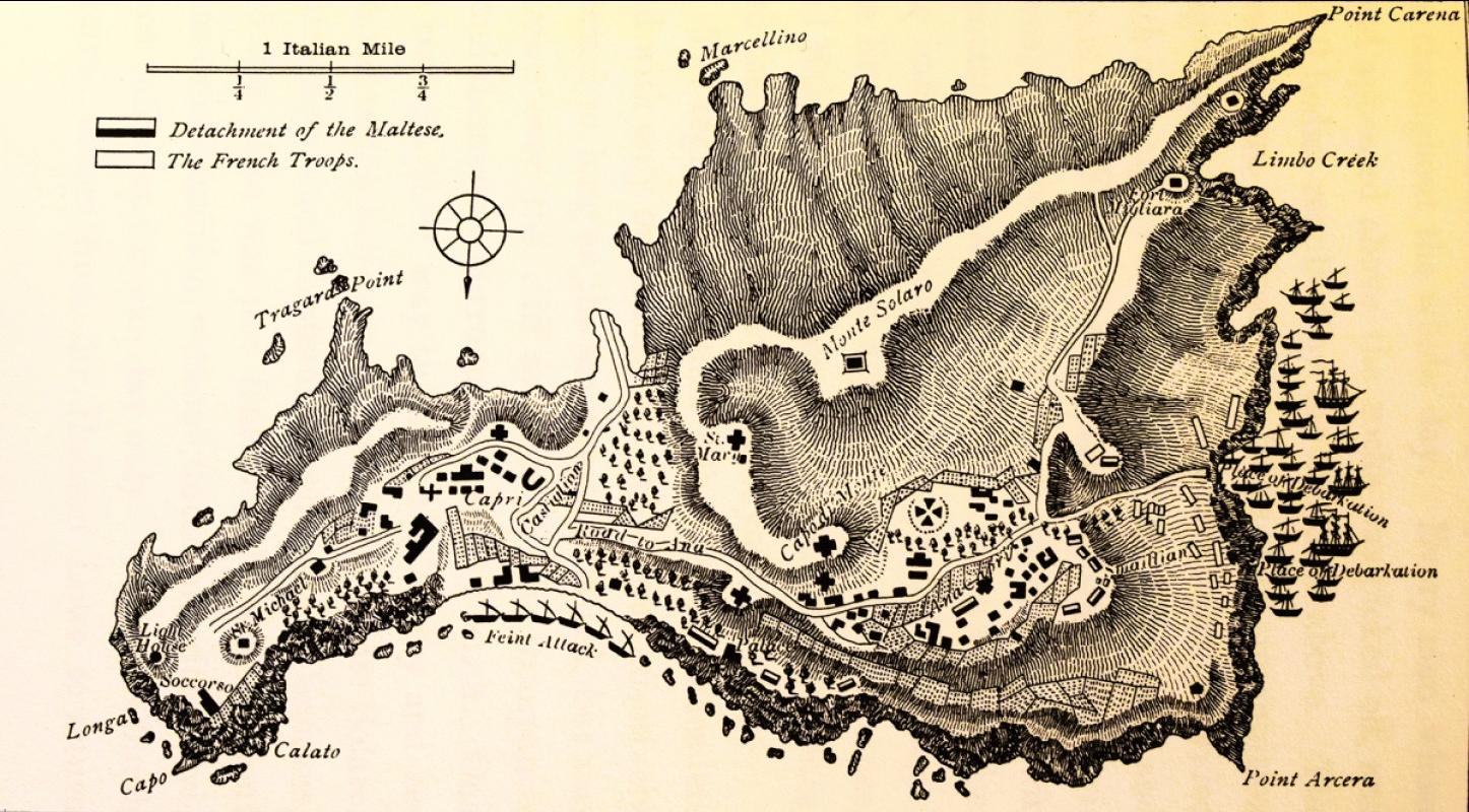 Map of Capri, showing the deployment of the Royal Malta Regiment in 1808.