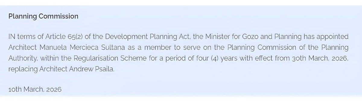 Joseph Portelli'nin Eski Mimarı, İmar İzinlerini Karara Bağlayan Planlama Otoritesi Kuruluna Atandı