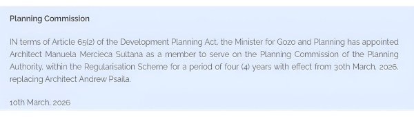 Joseph Portelli'nin Eski Mimarı, İmar İzinlerini Karara Bağlayan Planlama Otoritesi Kuruluna Atandı