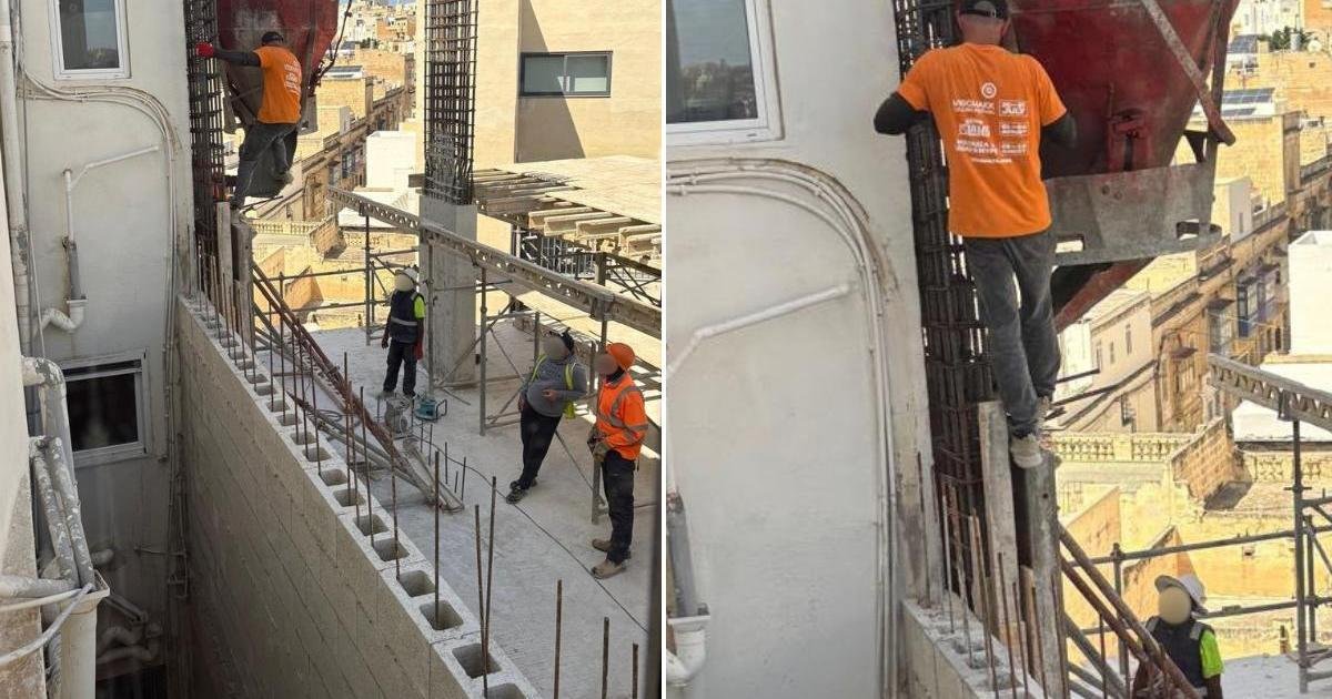 Gżira'da İnşaat İşçisi Dokuzuncu Katta Güvenlik Ekipmanı Olmadan Görüntülendi