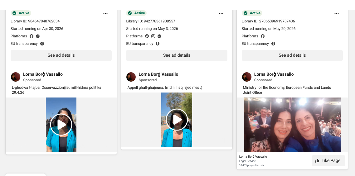 Lorna Borg Vassallo 30 Nisan'dan beri Facebook'ta reklam kampanyaları yürütüyor