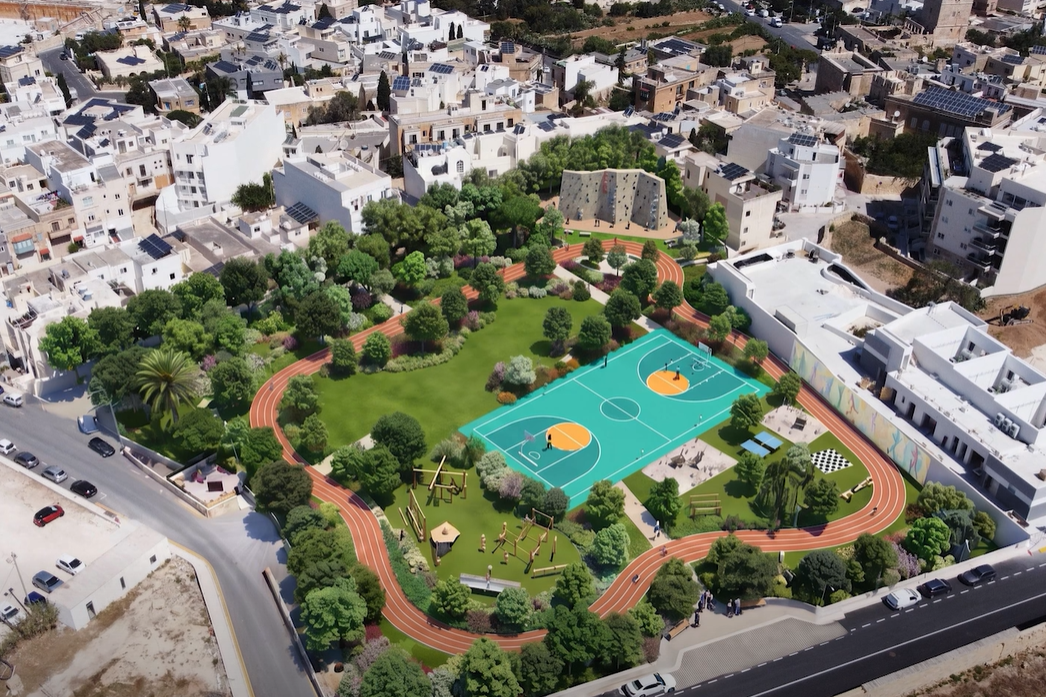 Konut projesi yerine meclisin önerdiği spor ve rekreasyon tesisleri içeren yeşil alan görseli. Fotoğraf: Naxxar Belediye Meclisi