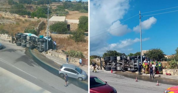 Birżebbuġa'da Çimento Kamyonu Devrildi
