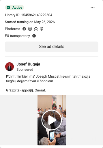 Josef Bugeja'nın son reklamı 26 Mayıs'ta yayına başladı