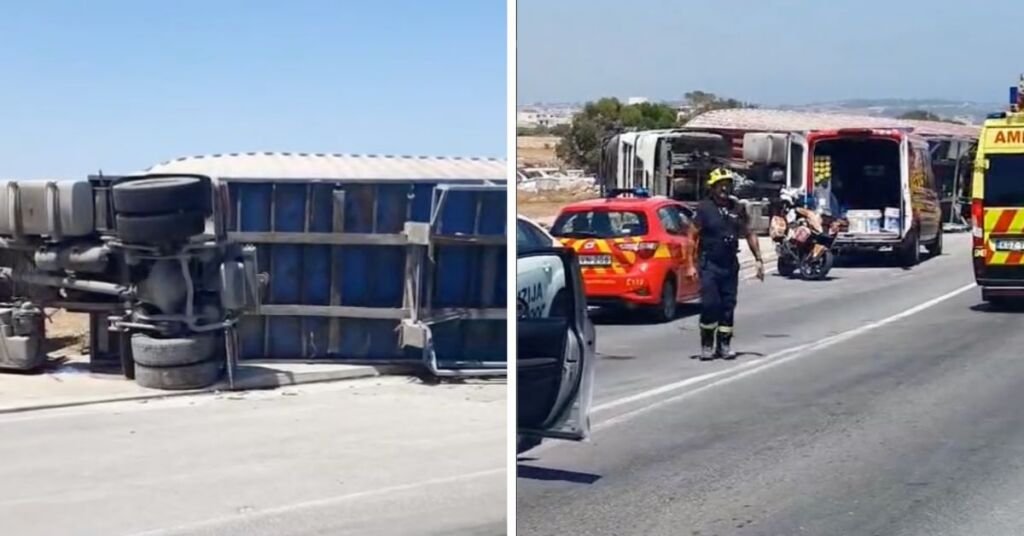 Ħal Far'da Hazır Beton Kamyonu Tıra Çarptı: Sürücü Hastaneye Kaldırıldı