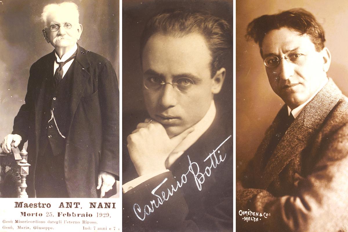 Soldan sağa: Besteci ve orkestra şefi Antonio Nani'nin cenaze kartpostalı, tartışmalı besteci ve yönetmen Cardenio Botti (1922 tarihli portre) ve Malta'da tanınmış besteci Giuseppe Mulè. Portre: Chrétien.
