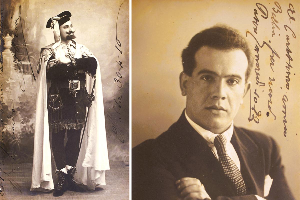 Opera Binası şarkıcısı kostümüyle. 1916 portresi ve bas şarkıcı Tancredi Pesaro, Malta'da 1922. Portre: Chrétien.