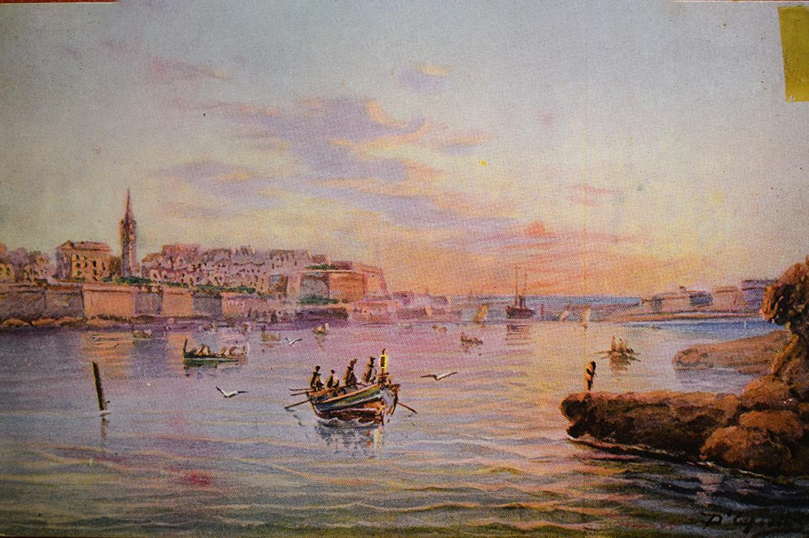 Marsamxett harbour, a World War I Critien postcard, artwork by D’Esposito.