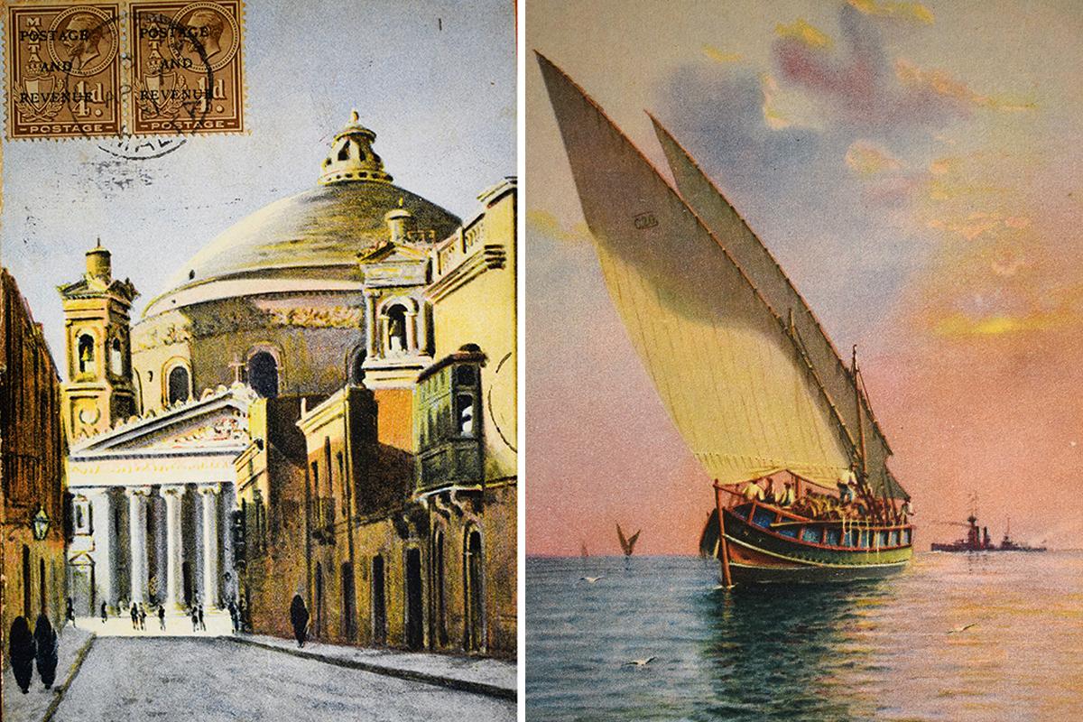 Musta Dome, by D’Esposito, in the Charing Cross Stationery postcards.Right: A Gozo boat by D’Esposito from the Central Library set.