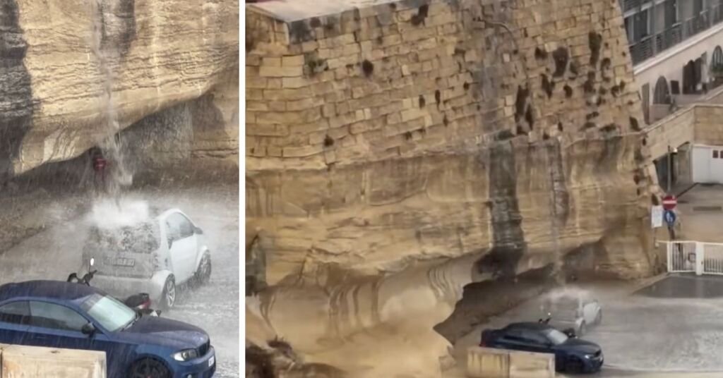 Malta'da aylar sonra gelen ilk yağmur bir araca beklenmedik yıkama yaşattı