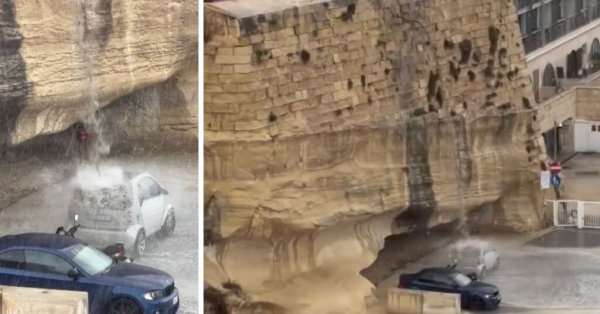 Malta'da aylar sonra gelen ilk yağmur bir araca beklenmedik yıkama yaşattı