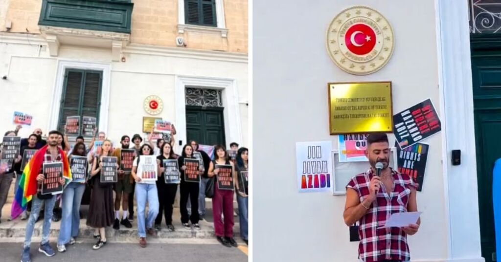 Malta'daki LGBTIQ+ grupları Türkiye'deki baskın ve tutuklamalar nedeniyle Türk Büyükelçiliği önünde toplandı
