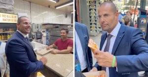 Başbakan Robert Abela toplantılar arasında klasik New York pizza dilimi kapıyor