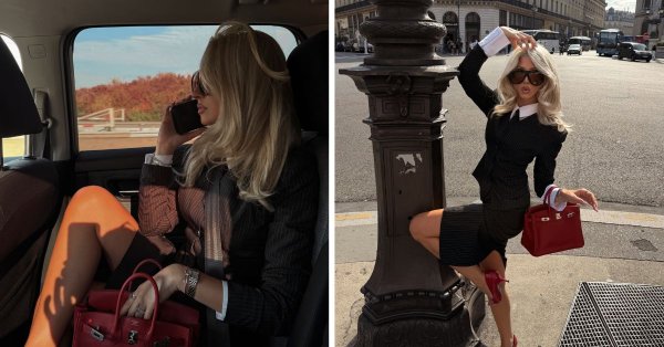 Sarah Zerafa Paris Moda Haftası'nda çizgili takım elbise ve kırmızı topuklarla